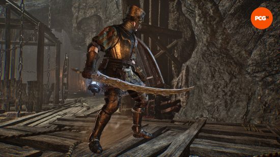 The lampbearer is holding the Putrid Child Sword, one of the best Lords of the Fallen weapons.