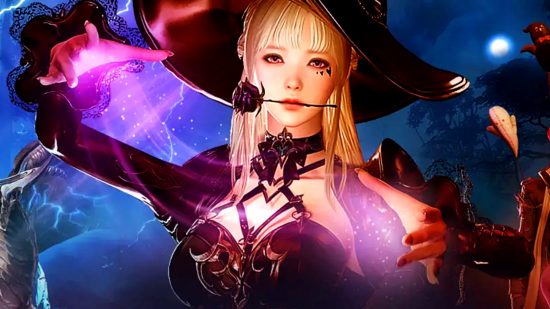 Lost Ark October Update - A blonde lady with a witch hat and a rose held in her teeth.