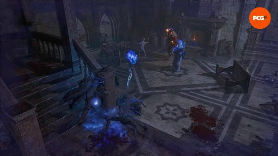 Lords of the Fallen rune tablets: The player runs down the steps to a hall. There are several enemies, as well as a glowing orb in the fireplace.