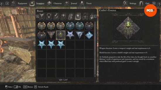  A menu is shown highlighting the effects of the Crafter’s Essence rune, which completely removes the stat requirement and weight encumbrance of a weapon or shield.