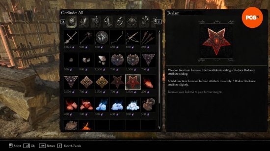 Lords of the Fallen rune tablets: A panel is shown highlighting the effects of the Berlam rune, which increases the Inferno stat scaling while lowering Radiance.