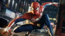 Grab up to 40% off the Marvel's Spider-Man series in huge Steam sale: Marvel character Spider-Man crouched in a landing position looking into the camera on a rainy city street