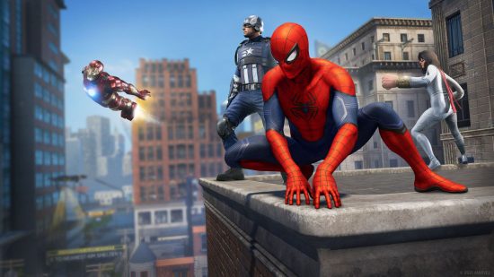Marvel's Avengers tot;  Spider-Man, Ms Marvel, Captain America und Iron Man, alle auf einem Dach