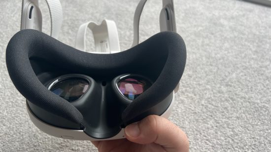 An image looking into the Meta Quest 3 headset at the new and improved pancake lenses