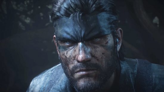Metal Gear Solid's Snake, face muddy, looking at the viewer.