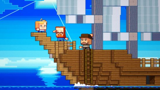Tiy Jens, Agnes, and Vu stand on a ship to announce the Minecraft Live 2023 mob vote designs.