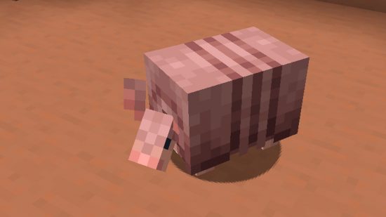 A close up of a Minecraft armadillo in a badlands biome.