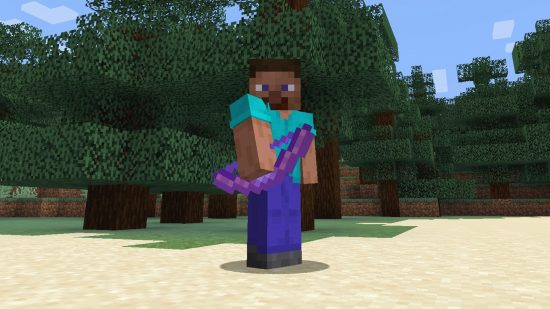 A player dressed in a Steve skin holds an enchanted Minecraft bow.