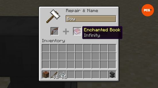 A minecraft bow in an anvil being combined with an infinity enchanted book.