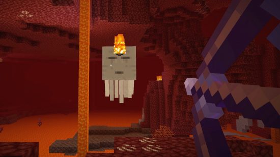 A player aims a Minecraft bow at a Ghast in the Nether.
