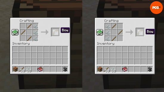 Two Minecraft bow recipes side by side, showing variations.