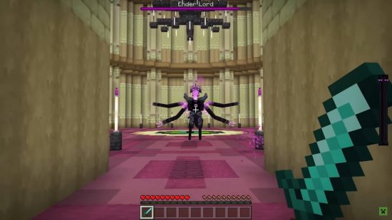 A Minecraft player with a sword runs towards a boss with four arms called the Ender Lord