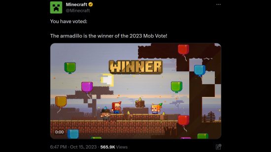 Minecraft Mob Vote result 2023 - Post from the Minecraft account on Twitter/X: "You have voted: The armadillo is the winner of the 2023 Mob Vote!"