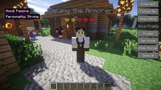 Delaney the Armorer, a female, human villager, in the Minecraft comes Alive mod.
