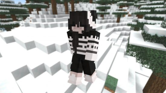 A black and white emo girl Minecraft holiday skin, wearing a black and hite jumper and santa hat on a snowy background.