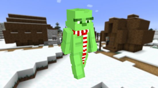 A bright green The Grinch Minecraft skin on a backdrop of a snowy taiga biome.