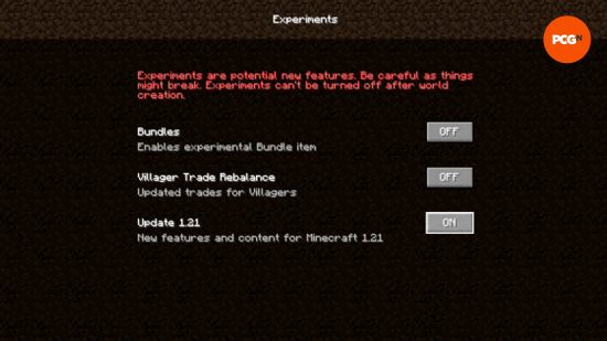 How to turn on experimental features in Minecraft snapshots.