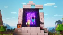 Minecraft snapshots: Steve and Alex jump through a Nether Portal into a new world.
