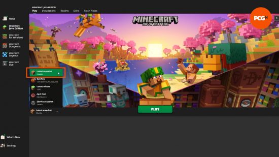The Minecraft Launcher, showing where and how to load and play a new Minecraft snapshot.