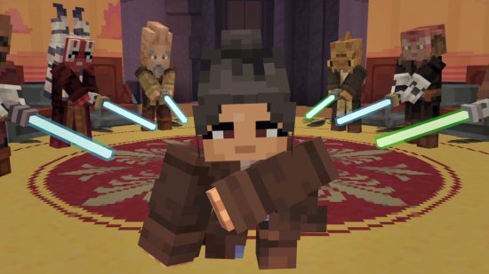 Minecraft Star Wars DLC: a Jedi padawan in the blocky minecraft world kneeling, as cloaked aliens around them hold out lightsabers