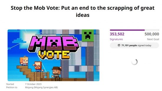 A screenshot of a change.org petition showing over 350,000 signatures on the Minecraft Stop the Mob Vote petition