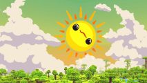 A cute, cartoon sun with a kawaii face rises on a green sky in one of the best Minecraft texture packs in 2023, Tooniverse.