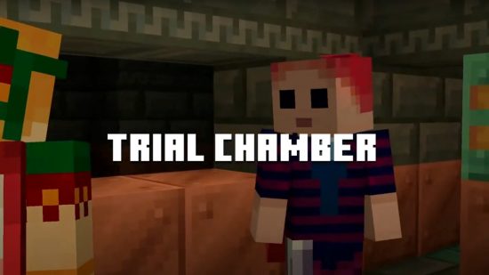 Minecraft trial chambers: two minecraft players stand inside the copper corridor of a trial chamber.