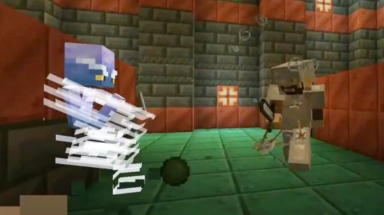 Mojang's Magnus fights a Minecraft Breeze, a mob that appears in Minecraft trial chambers.