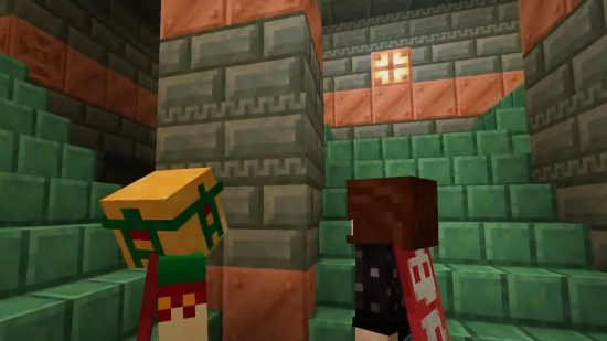 Two Minecraft players look up at the new Tuff blocks that can be found in Minecraft trial chambers.