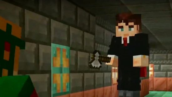 Mojang's Brandon wields an axe in front of a copper bulb in one of the Minecraft trail chambers.