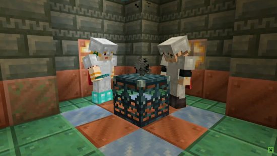 Two Mojang employees take a look at a new trial spawner in-game.
