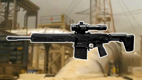 An image of the Modern Warfare 3 KV Inhibitor sniper rifle with a shot of the Rust map behind it.