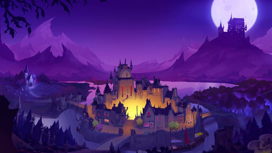 A landscape view of Moonlight Peaks at night, with a purple sky over an eerily lit village.