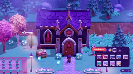 Ein lila Vampirhaus in der Welt des gemütlichen Lebens im Spiel MoonLight Peaks.