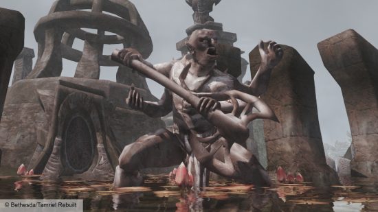 Morrowind Tamriel Rebuilt Andaram: a statue with an axe surrounded by water and structures