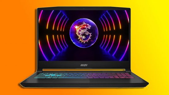 MSI Katana 15 Amazon Prime Day deal: a black laptop appears in front of an orange and yellow background.