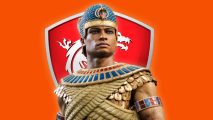 An image of Ramesses from Total War: Pharaoh, standing in front of the MSI logo with an orange background behind him.
