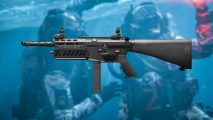 The best AMR9 loadout gun against a blue blurred background of two soldiers underwater
