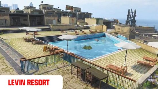 An outdoor swimming pool surrounded by villas in the Warzone Urzikstan map Levin Resort POI.