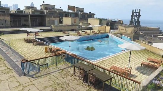 Modern Warfare 2 Ground War map Leven Resort features a swimming pool surrounded by villas.