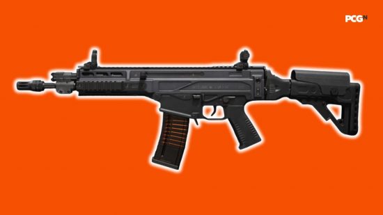 Best MW3 assault rifles: a black assault rifle with glowing edges on an orange background.