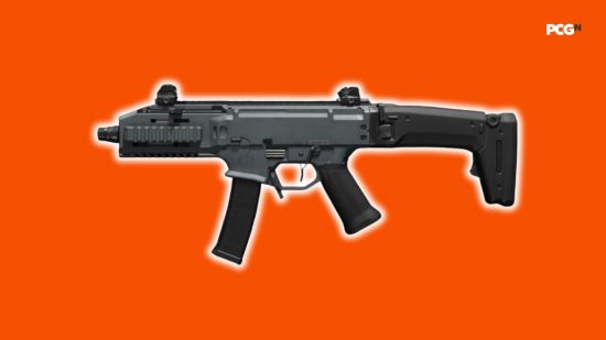 Best MW3 SMG: a compact SMG with a glowing outline sat on an orange background.