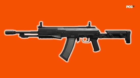 Best MW3 assault rifles: an assault rifle with a long barrel and glowing edges, on an orange background.
