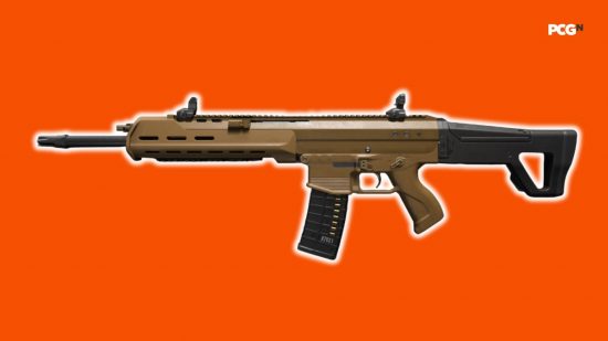 Best MW3 assault rifles: a beige assault rifle with glowing edges, on an orange background.