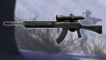 The best Modern Warfare 3 longbow loadout: the MW3 Longbow sniper rifle, with an operator and a tree in a snowy backdrop behind it.