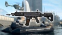 MW3 MTZ 556 loadout: a glowing assault rifle on a blurred background.
