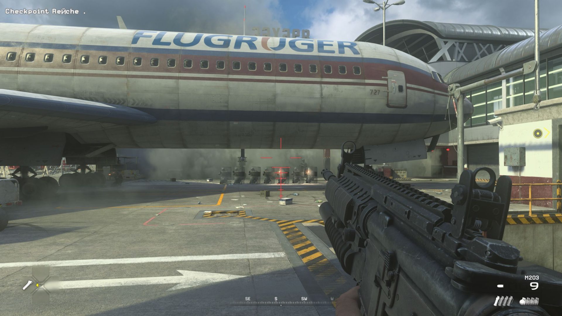 MW3 No Russian: an assault rifle with a grenade launcher attachment primed to fire at an airplane.