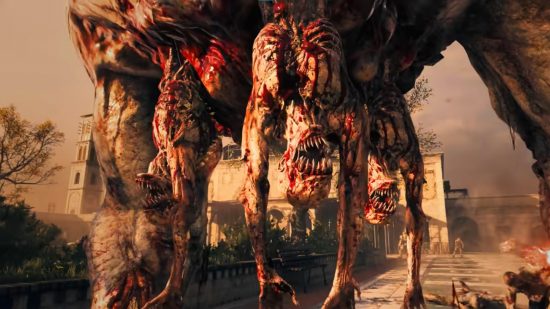 Three skeletal, zombified figures hang from the underside of a larger mutant enemy in MW3 zombies.