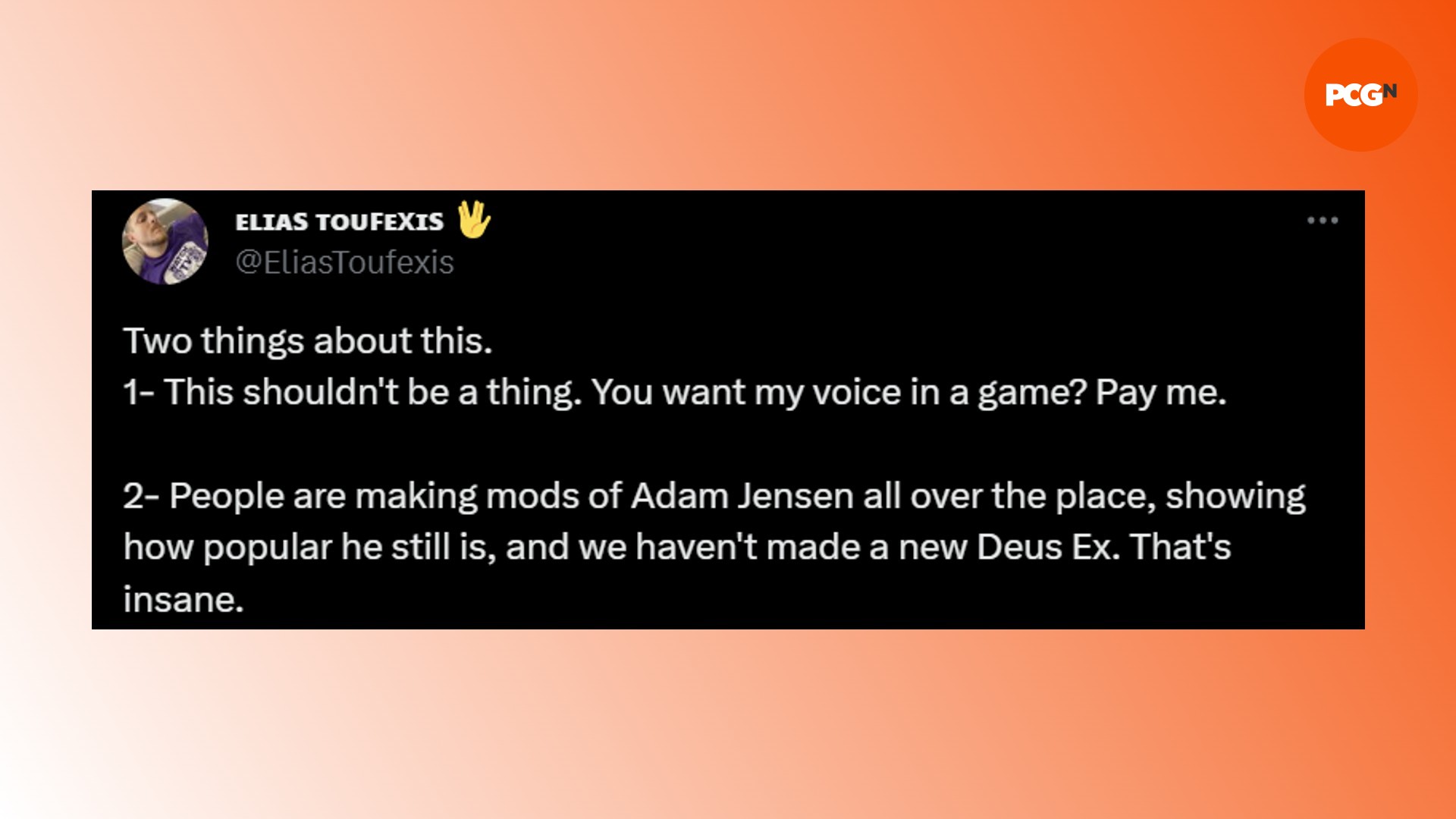 New Deus Ex game: A tweet from Adam Jensen actor Elias Toufexis regarding a new Deus Ex game