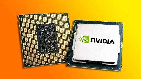 Nvidia AMD CPU ARM processor: a CPU appears with the Nvidia logo on in front of a yellow and orange background.